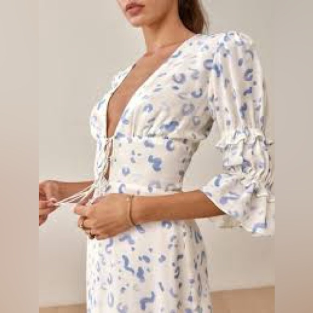 REFORMATION Laurelei Dress SZ 2 Ivory & Blue Leopard